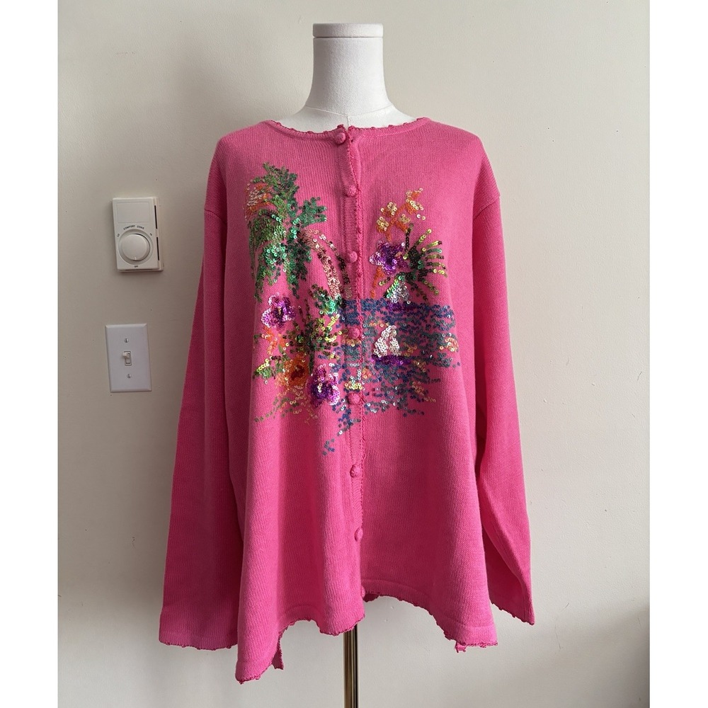 Quaker Factory Womens Plus Size 2X XXL Cardigan Sweater Tropical Coastal Pink
